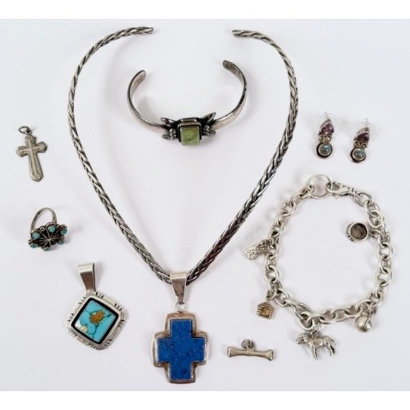 Handmade Jewelry - Navajo Sterling Silver Jewelry Lot Lapis Turquoise Cross Cuff Ring Set Earring
